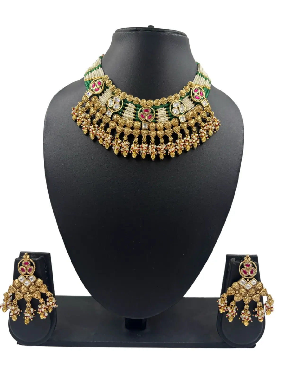 Gold Plated Short Antique Green Necklace Set For Weddings | Heritage Jewelry For Women