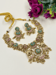 Gold Plated Peacock & Elephant Design Traditional Heritage Antique Jewellery Set For Weddings 