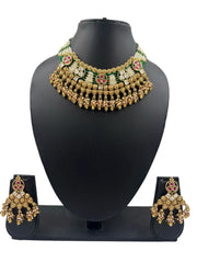 Gold Plated Short Antique Green Necklace Set For Weddings | Heritage Jewelry For Women
