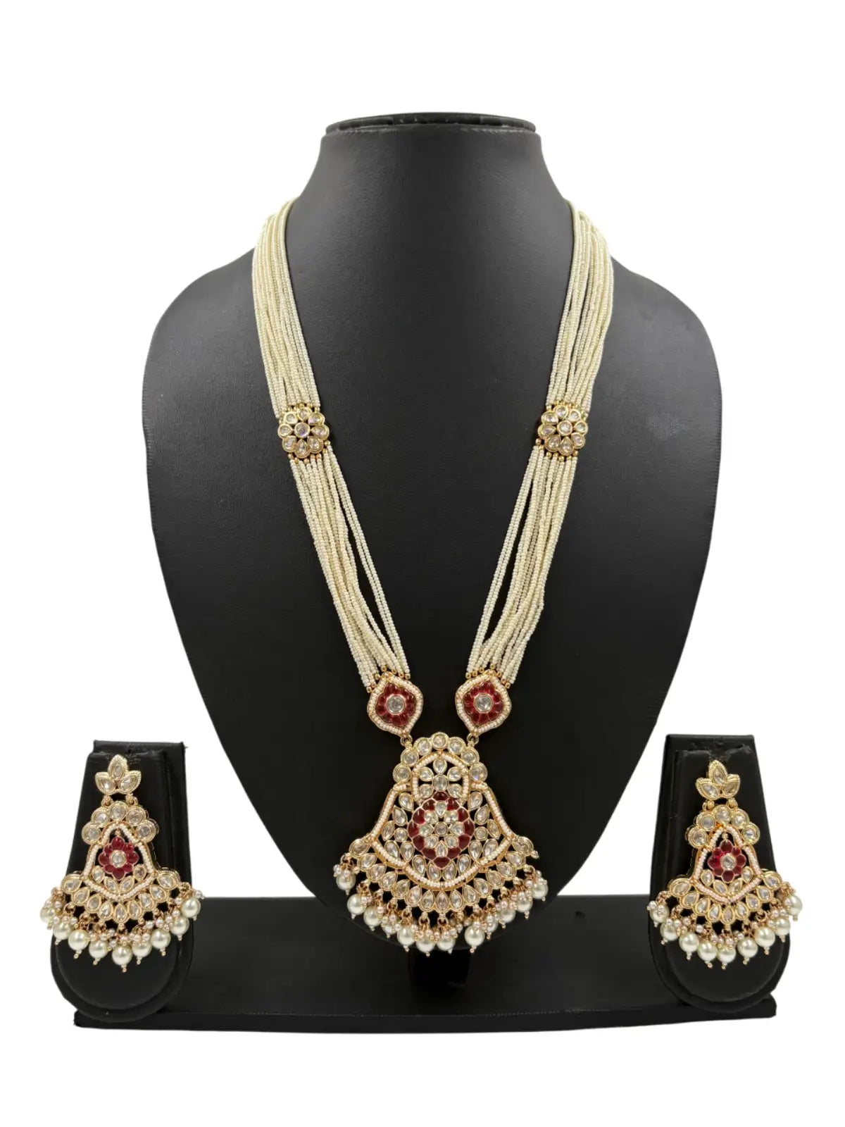 Classy Long Kundan Necklace Set With Pearl Strands | Wedding Wear Luxury Kundan Necklace Set