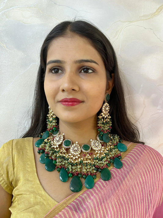 Designer Handcrafted Heavy Green Kundan Bridal Necklace Set 