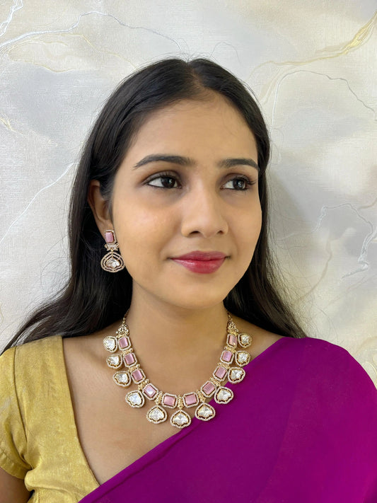 Modern Look AD And Polki Necklace Set with baby Pink Stones| Party Wear Necklace