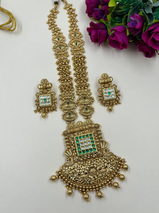 Royal Look Gold Plated Green Antique Golden Long Necklace Set For  Weddings By Gehna Shop