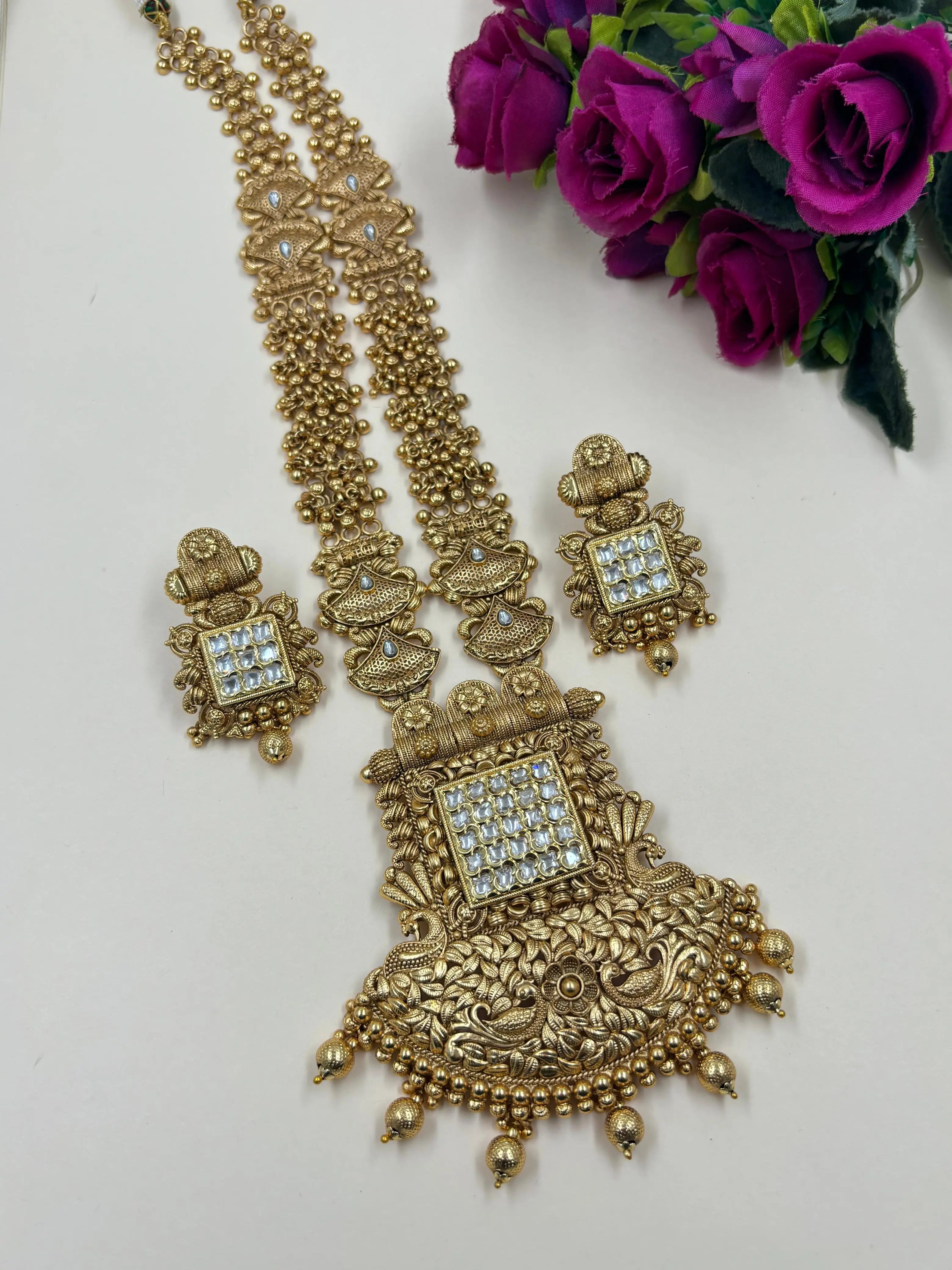 Royal Look Gold Plated  Antique Golden Long Necklace Set For  Weddings By Gehna Shop