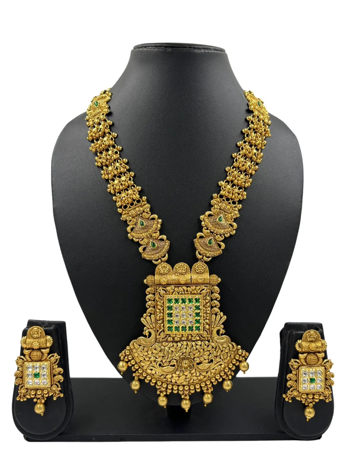 Royal Look Gold Plated Green Antique Golden Long Necklace Set For  Weddings By Gehna Shop