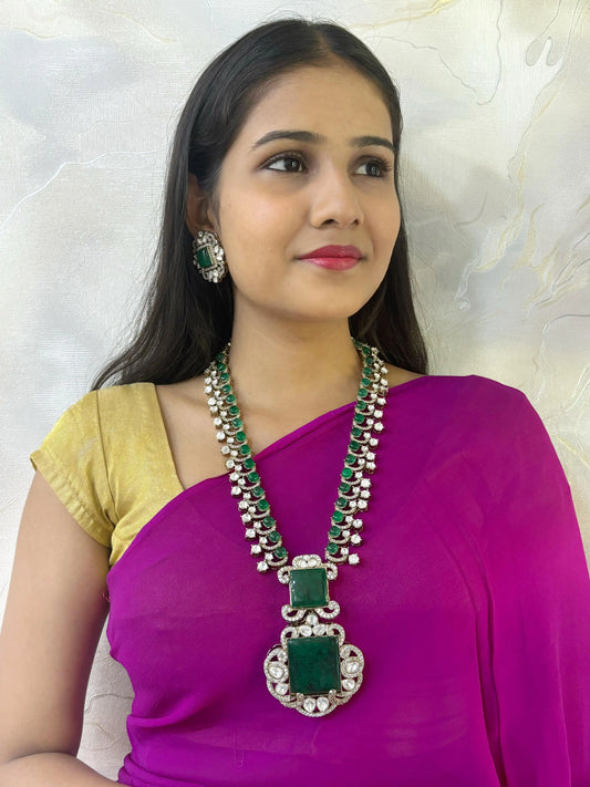 Nita Ambani Inspired Long Antique Victorian Polki And Emerald Necklace Set