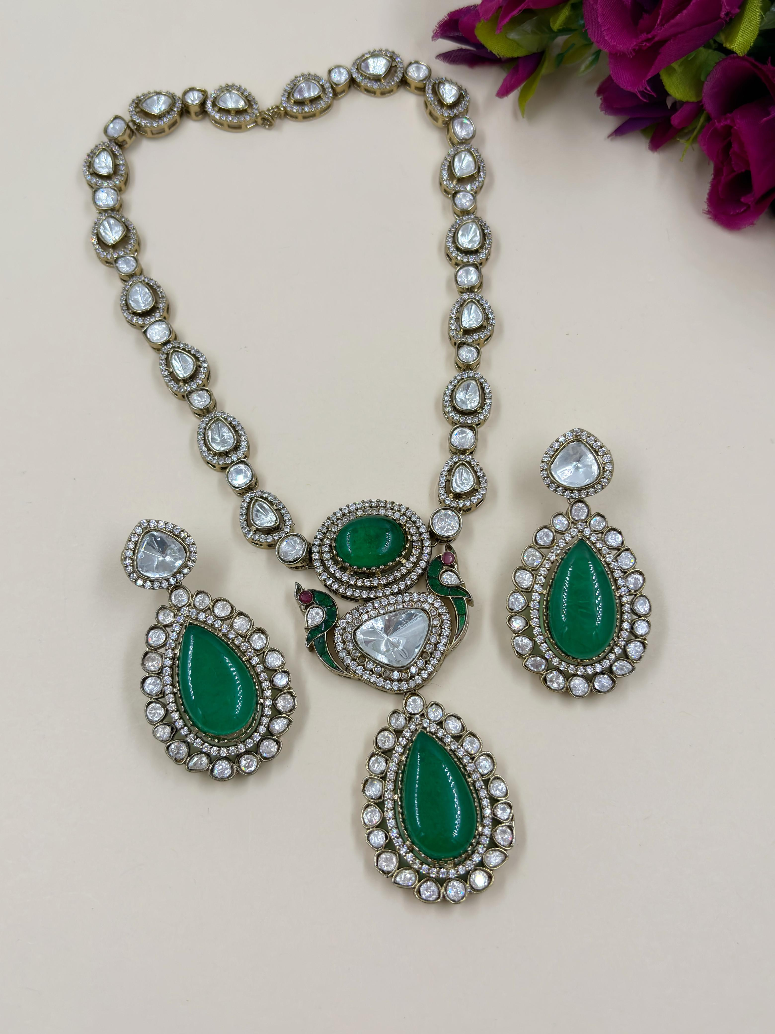 Sasha Antique Victorian Jewellery Necklace Set Moissanite Polki Jewellery Green