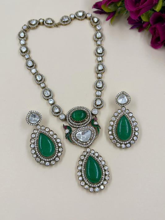 Sasha Antique Green Victorian Jewellery Necklace Set | Moissanite Polki Jewellery with green doublet stones.
