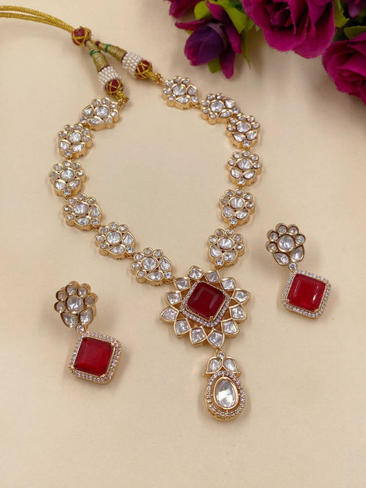 designer Lavisha Short Red Polki Jewellery Necklace Set for women
