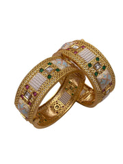 Designer gold plated Broad Golden Bangles with meenakari handcrafted for weddings by Gehna Shop