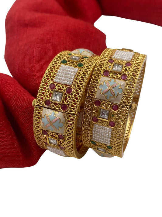 Designer gold plated Broad Golden Bangles with meenakari handcrafted for weddings by Gehna Shop