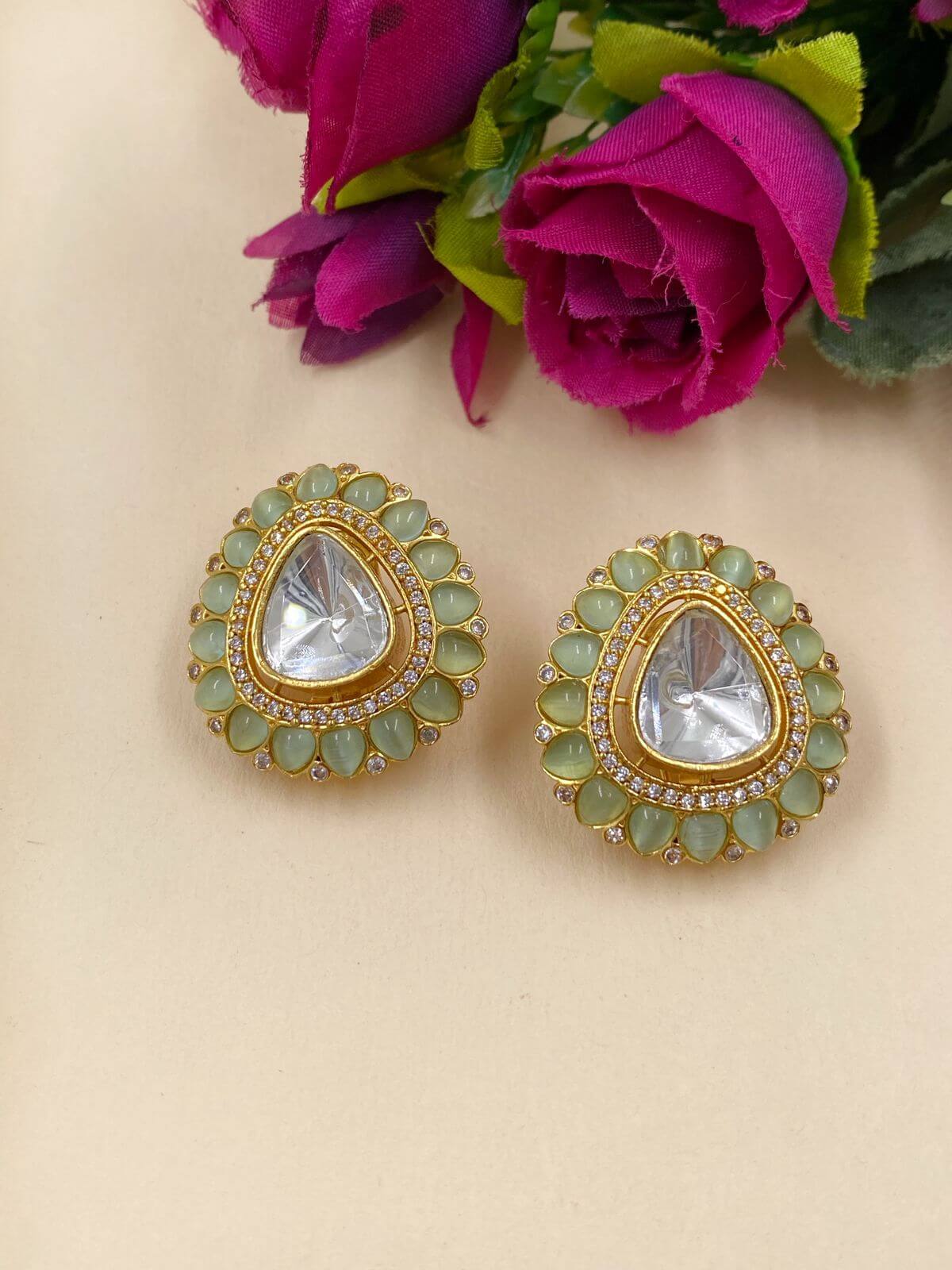  Beautiful Uncut Polki Stud Earrings For Women | Mint Green  Kundan Stud Earrings