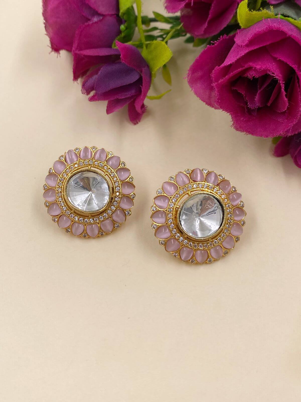 Fancy Pink Polki Stud Earrings for parties and weddings 