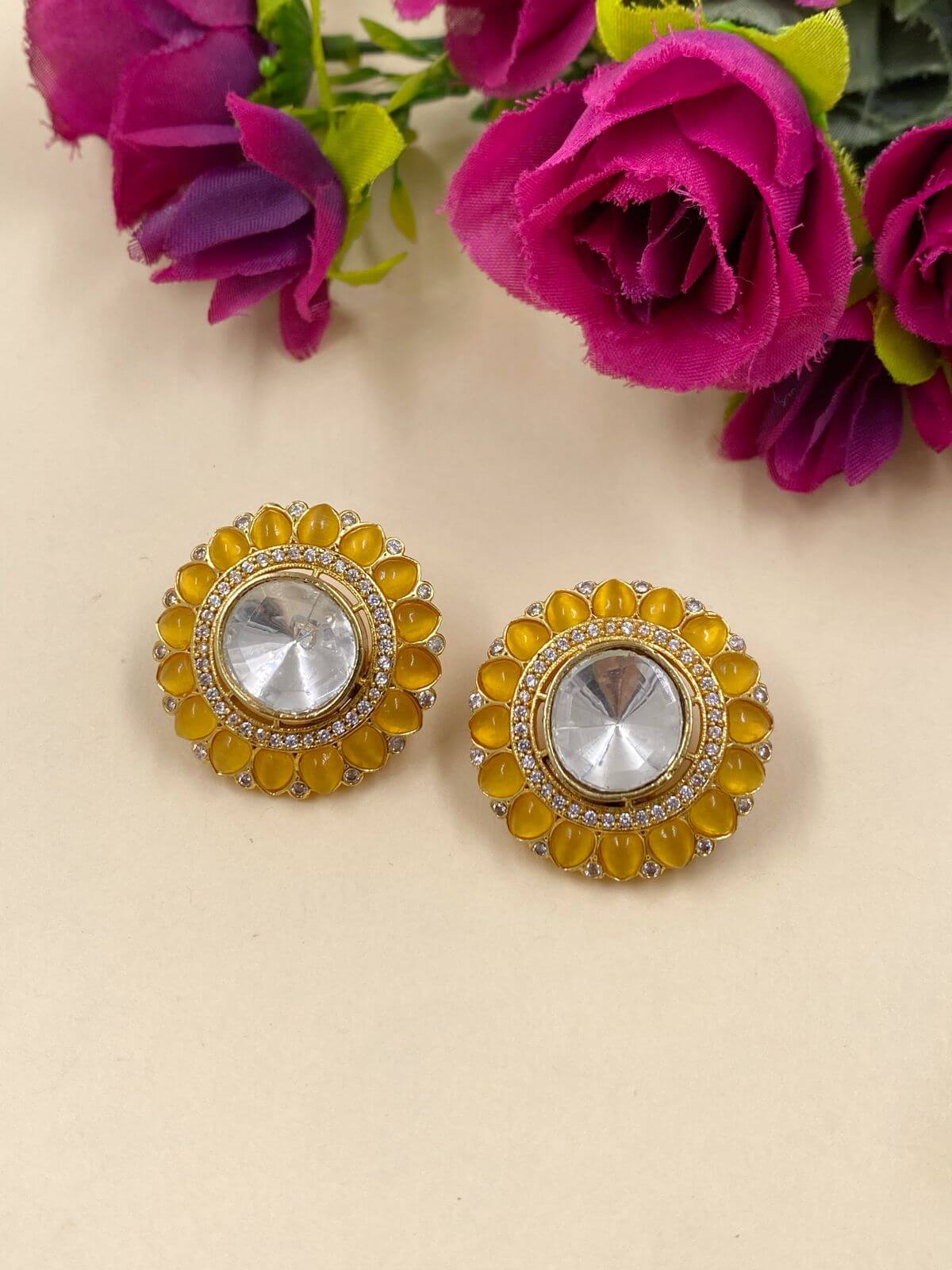 Fancy Yellow Polki Stud Earrings for parties and weddings 