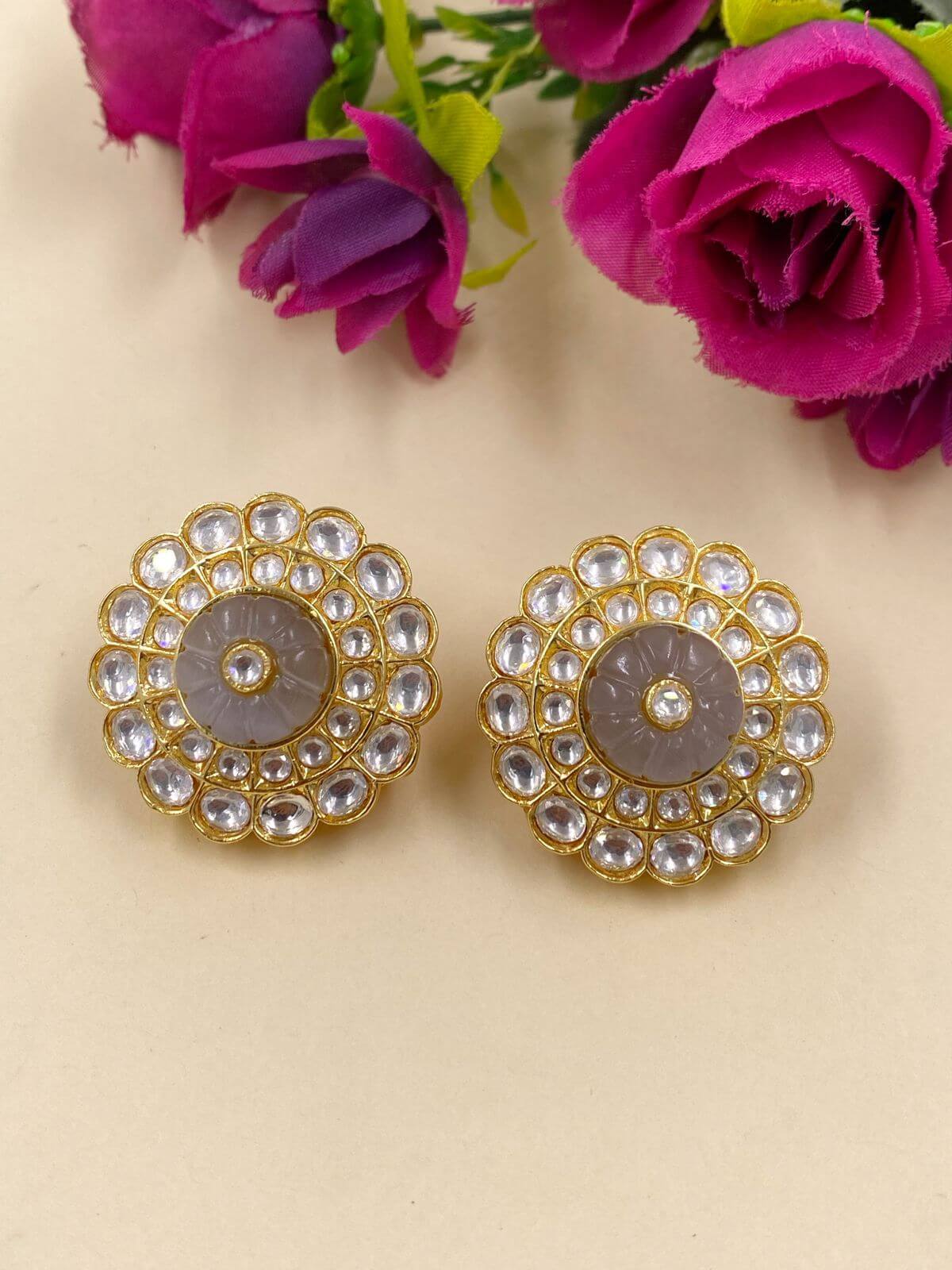 Big Grey Kundan Stud Earrings for women 