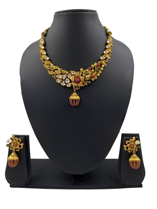 Designer gold plated  floral design Short Antique Golden Necklace Set for women