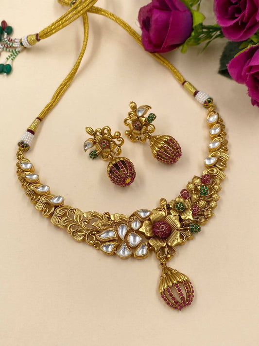 Designer gold plated  floral design Short Antique Golden Necklace Set for women