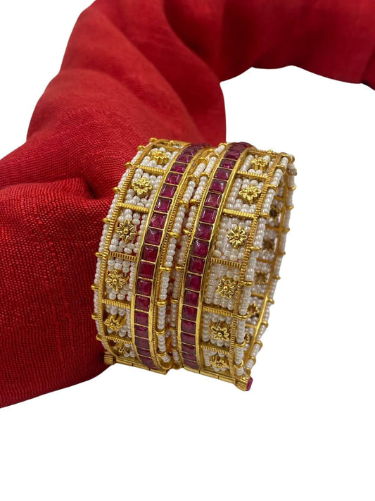 beautiful and durable Brinda gold plated Ruby Stone and Pearl Bangles for women
