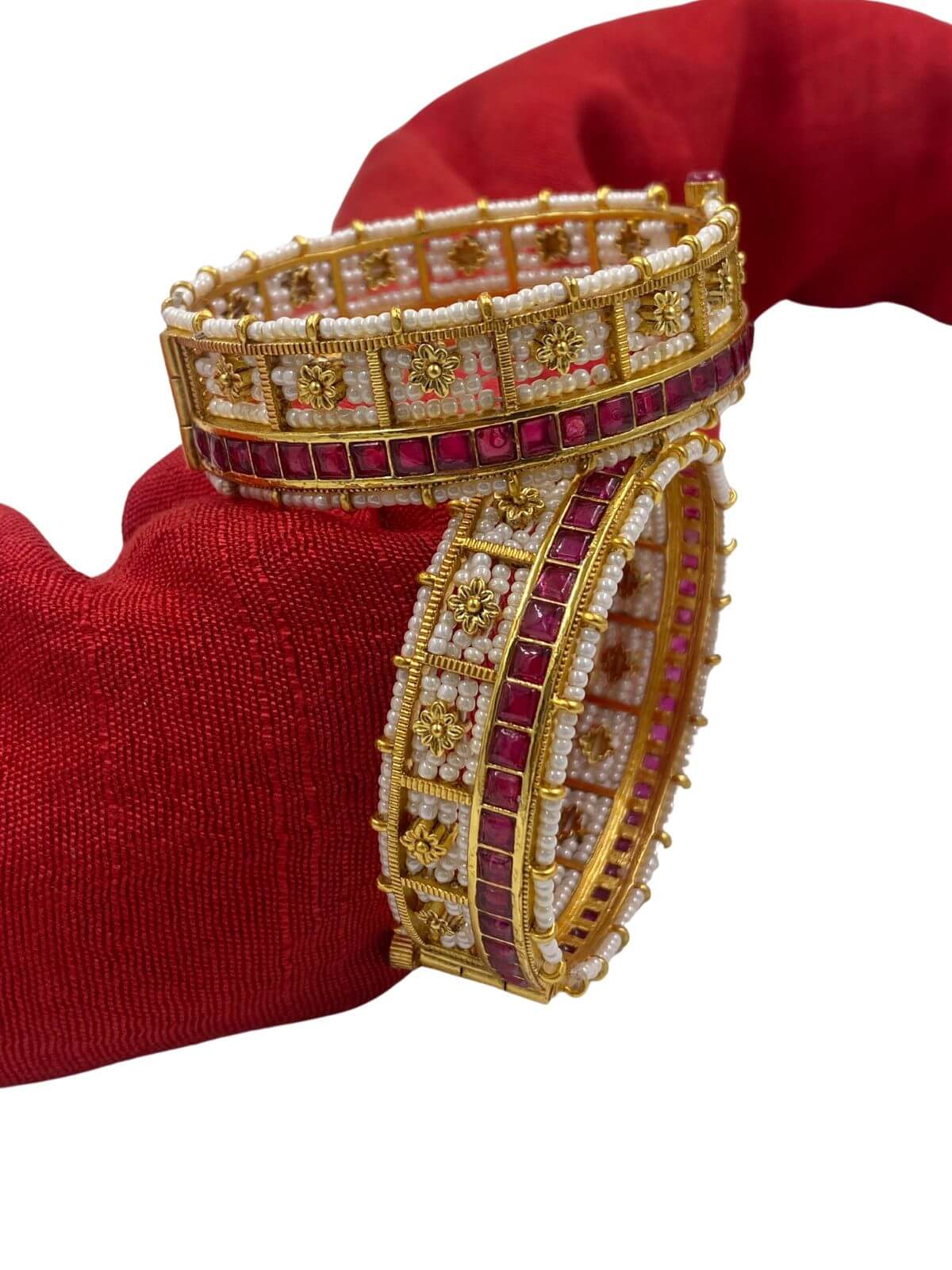beautiful and durable Brinda gold plated Ruby Stone and Pearl Bangles for women