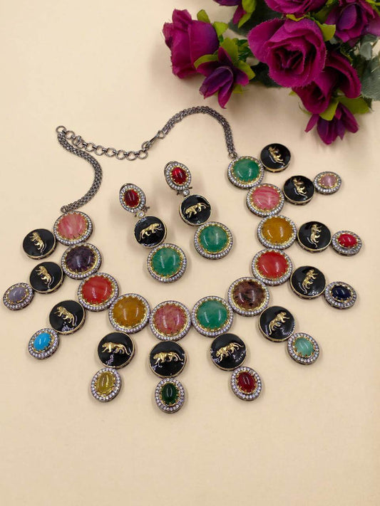 Sabyasachi Inspired Multi Color Stone Statement Necklace Set 