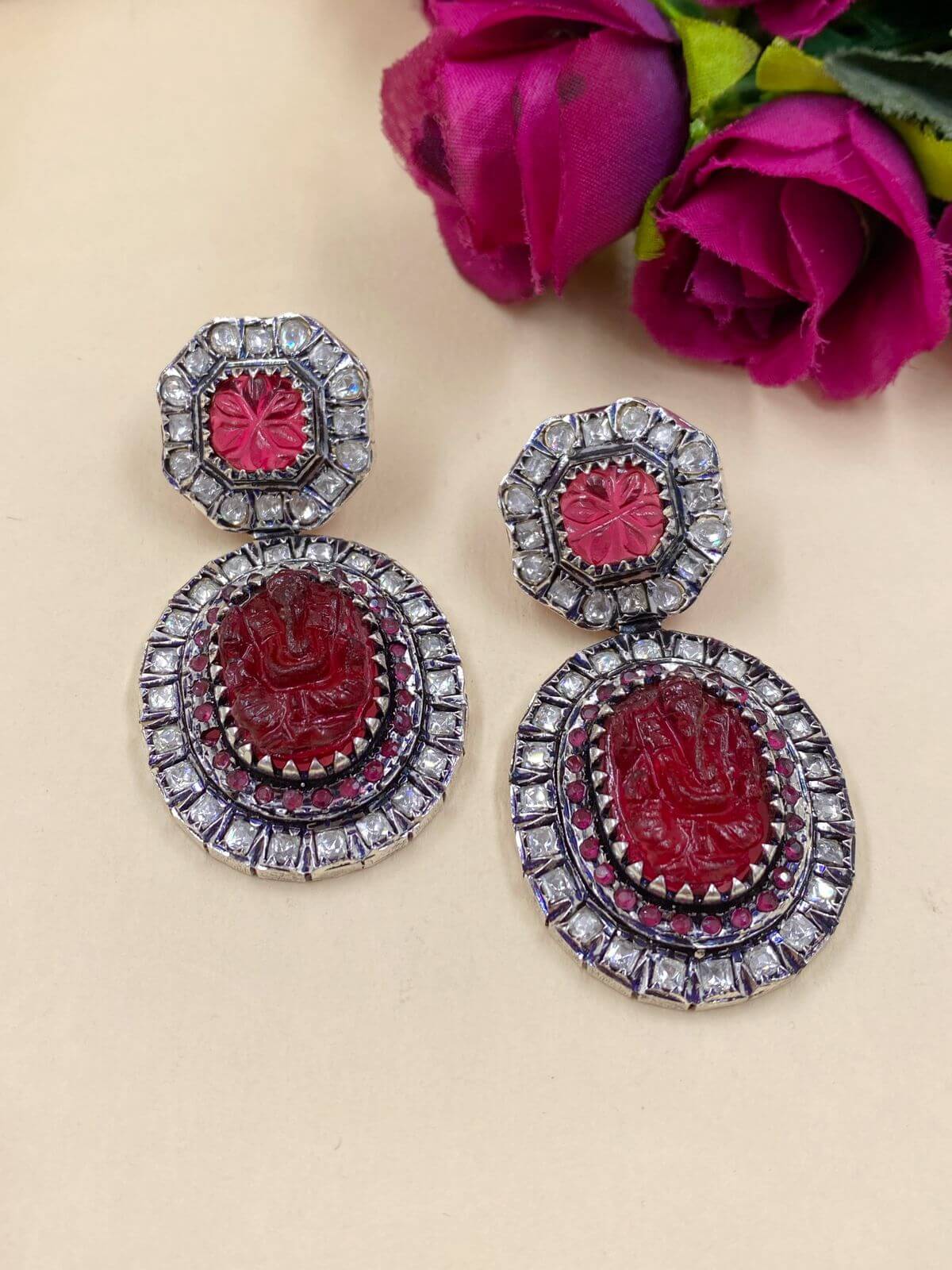 Designer Silver Plated Ganesha Long Red Polki Earrings for Women