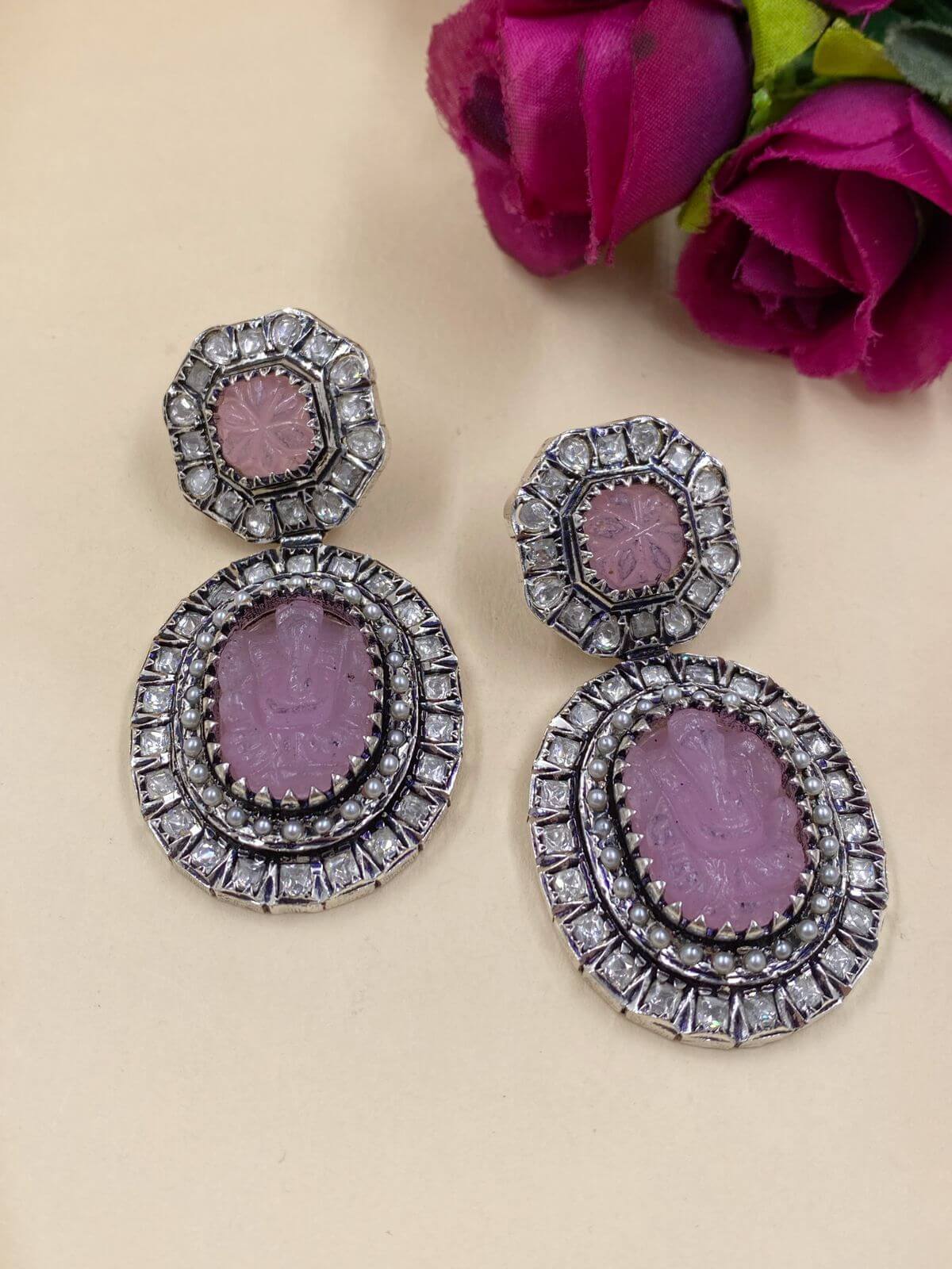 Designer Silver Plated Ganesha Long Pink Polki Earrings for Women