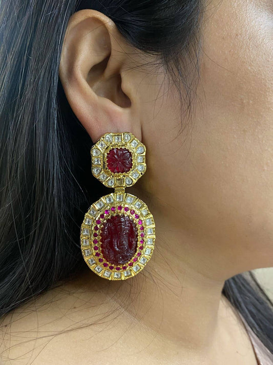  Designer Gold Plated Ganesha Long Red Polki Earrings for women 