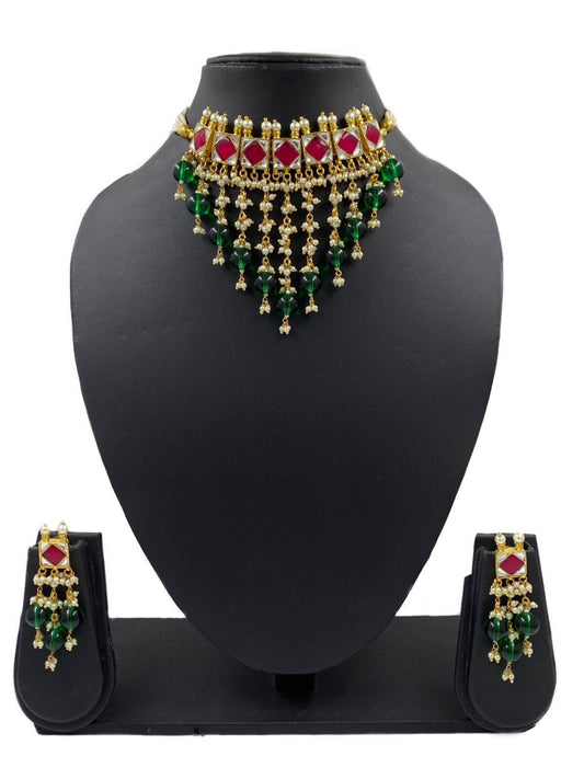 Handcrafted Red Jadau Choker Necklace Set