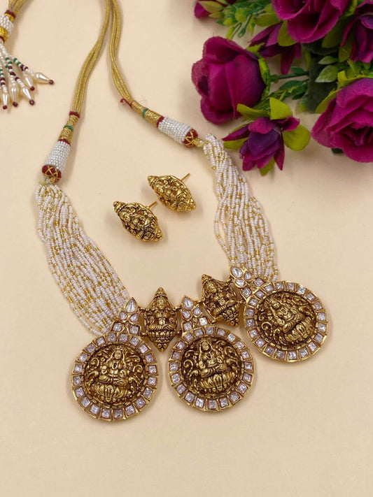 Short Antique Polki Lakshmi Devi Necklace Set | Temple Jewellery Necklace