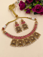 Divyam Designer Antique Jewellery Golden Necklace Set.