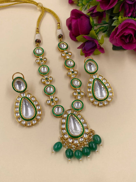  Gold Plated Short Green Polki Kundan Jewellery Necklace Set is the perfect fashion jewellery accessory