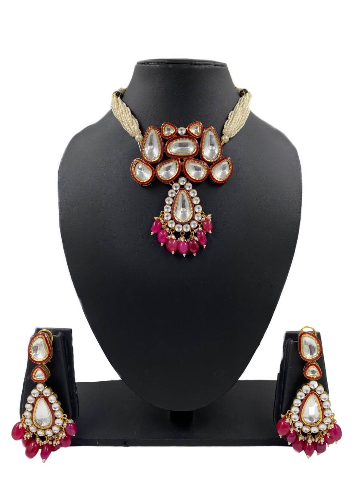 Royal Look Red Meenakari Polki Jewellery Necklace Set for traditional Festivities.