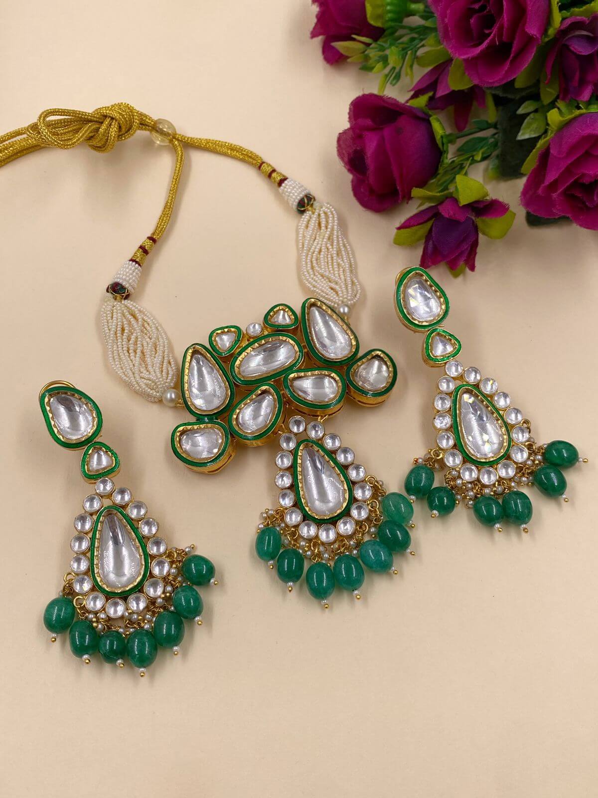 Royal Look Green Meenakari Polki Jewellery Necklace Set for traditional Festivities.