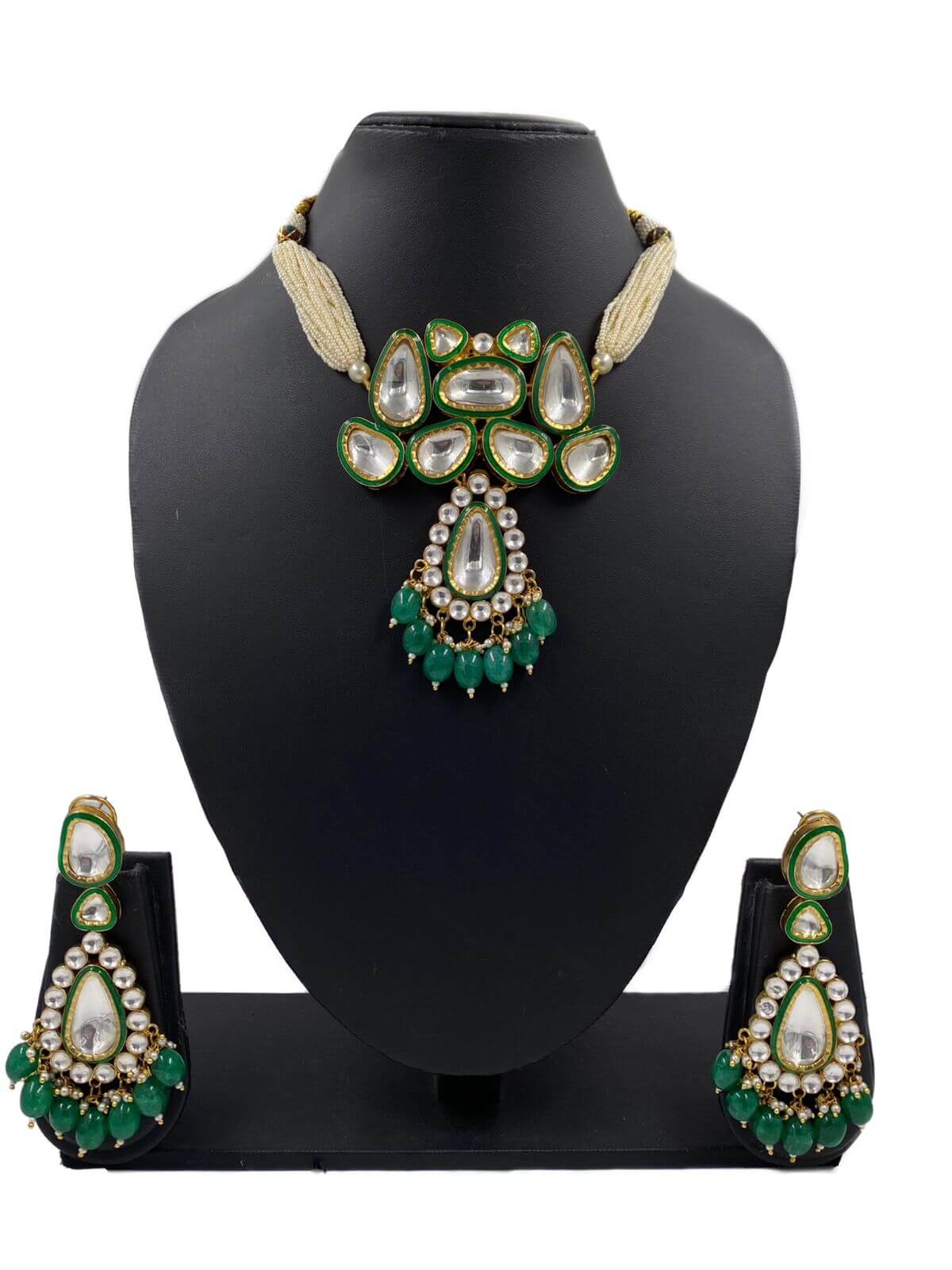 Royal Look Green Meenakari Polki Jewellery Necklace Set for traditional Festivities.