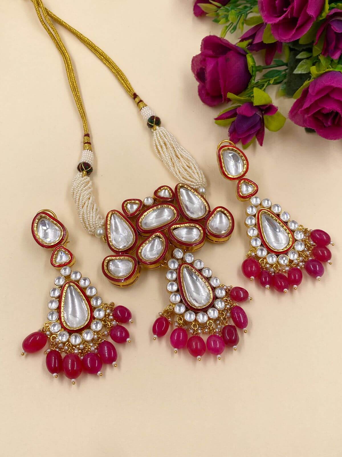 Royal Look Red Meenakari Polki Jewellery Necklace Set for traditional Festivities.