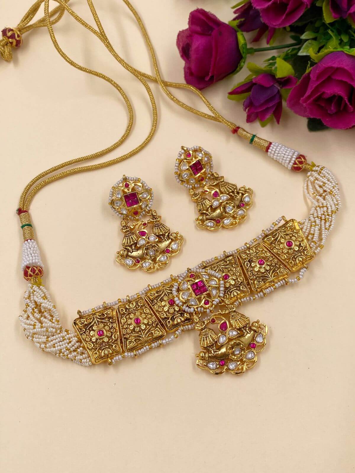 traditional gold plated Nakshi Antique Gold Choker Set 