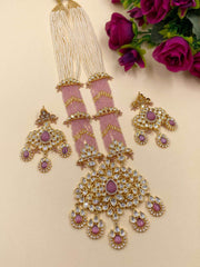  Swarnika Pink Long Polki Pendant Necklace Set for weddings.