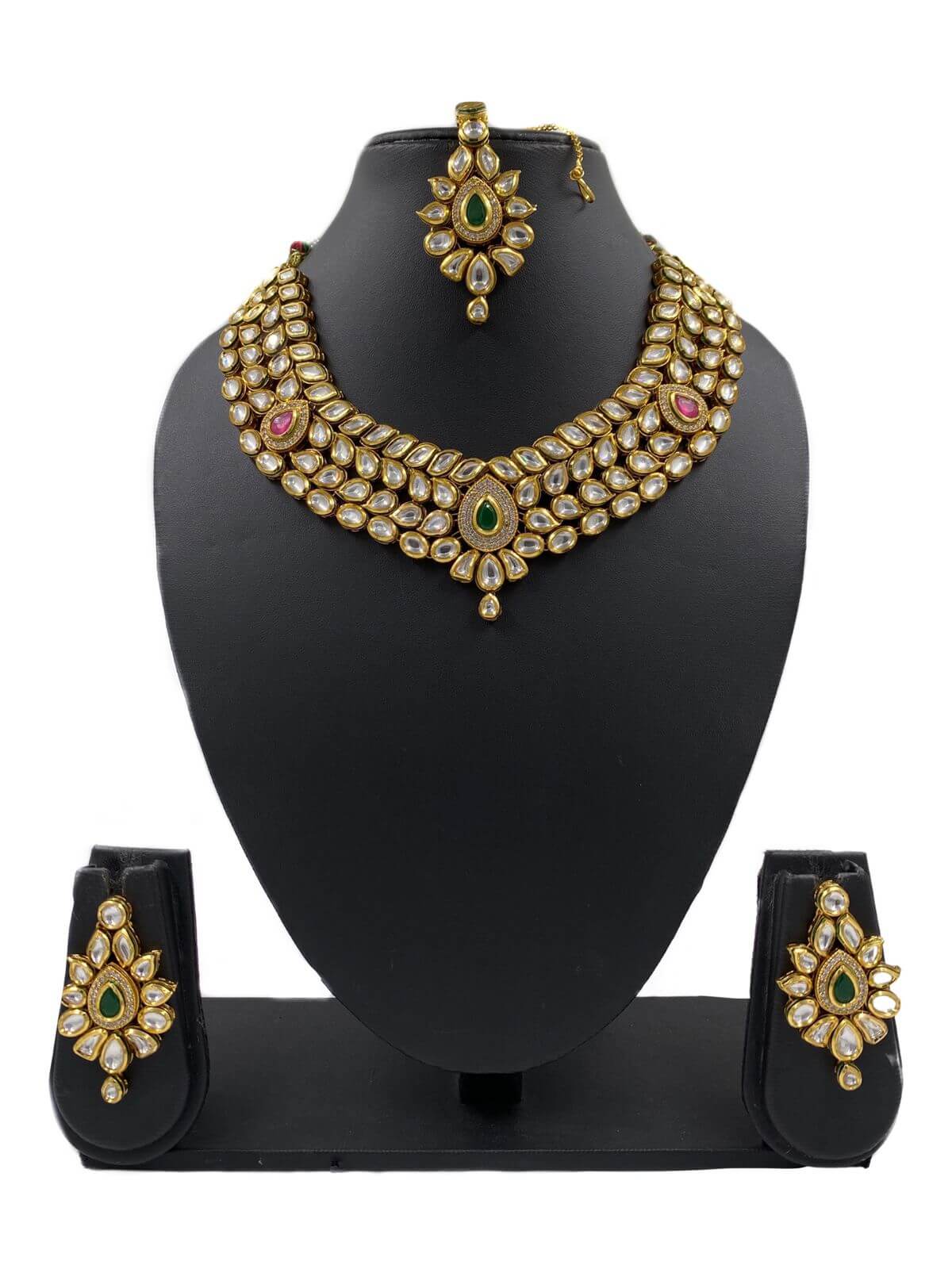 Gold Plated Bridal Kundan Necklace Set With Tikka 