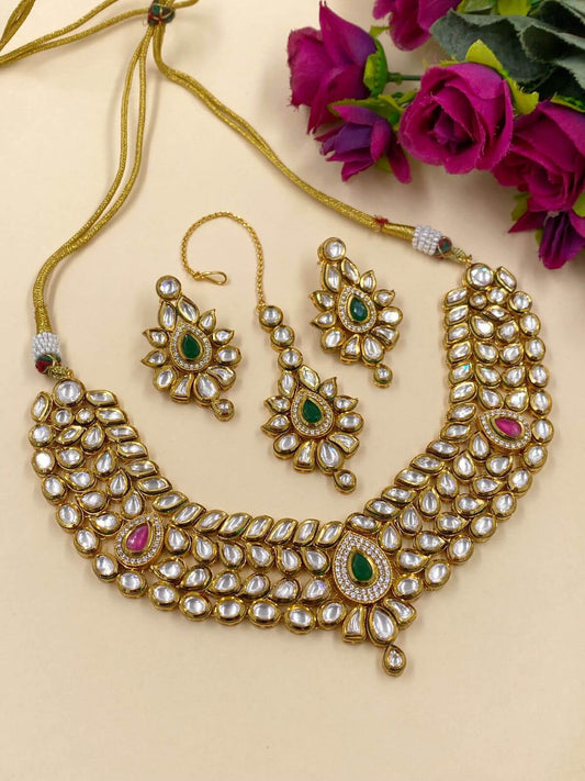 Gold Plated Bridal Kundan Necklace Set With Tikka 