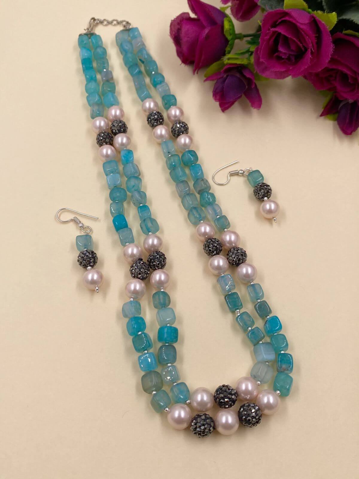 Layered Semi Precious Blue Onyx Beads Jewellery Necklace 