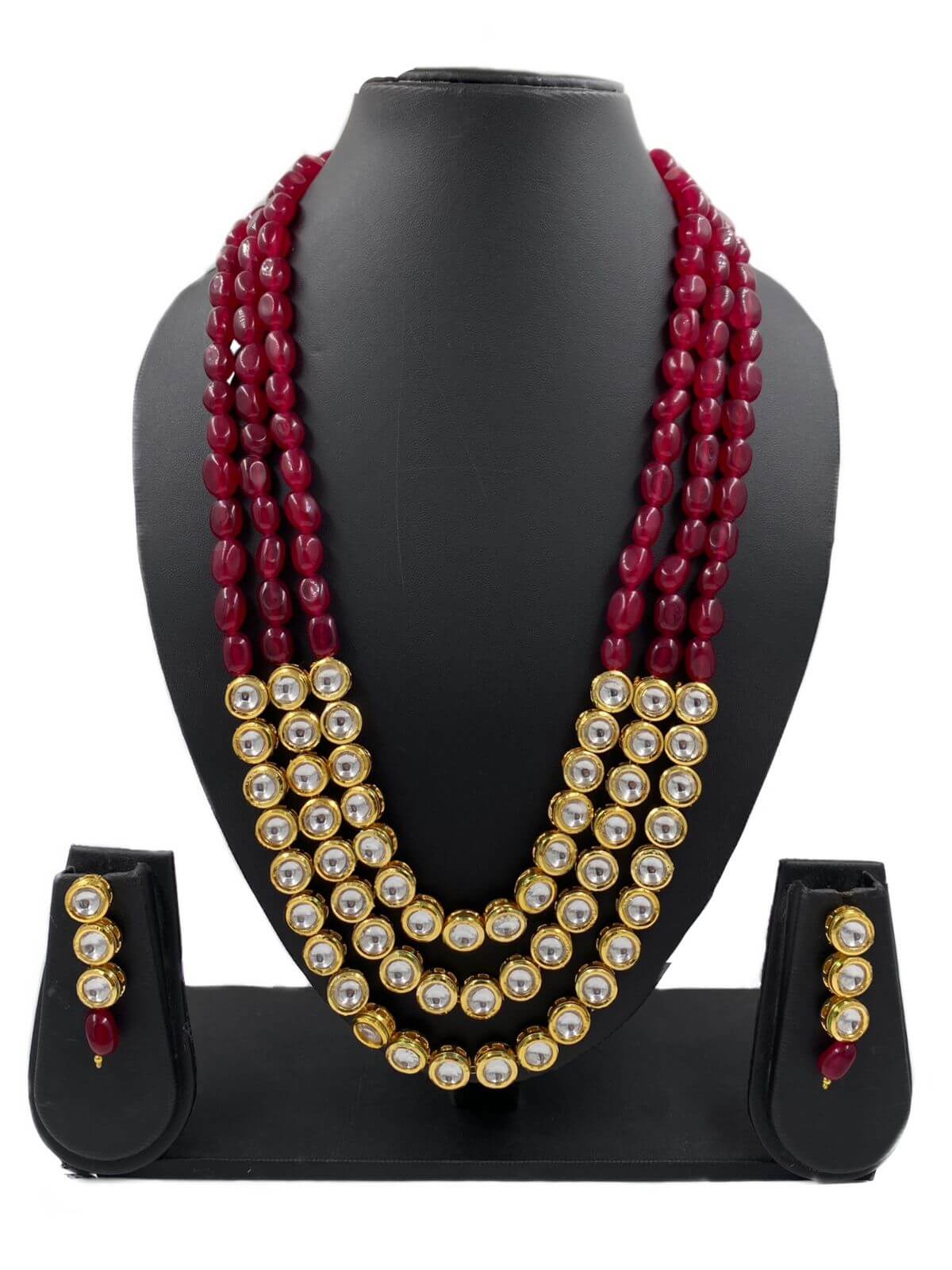 Long Triple Layer Kundan and Maroon Beads Necklace Set 