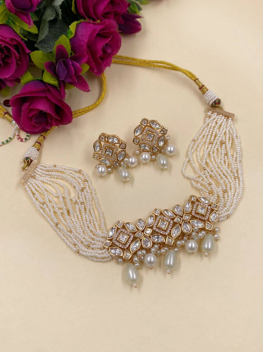 gold plated Modern Kundan Polki And Pearls Choker Set 