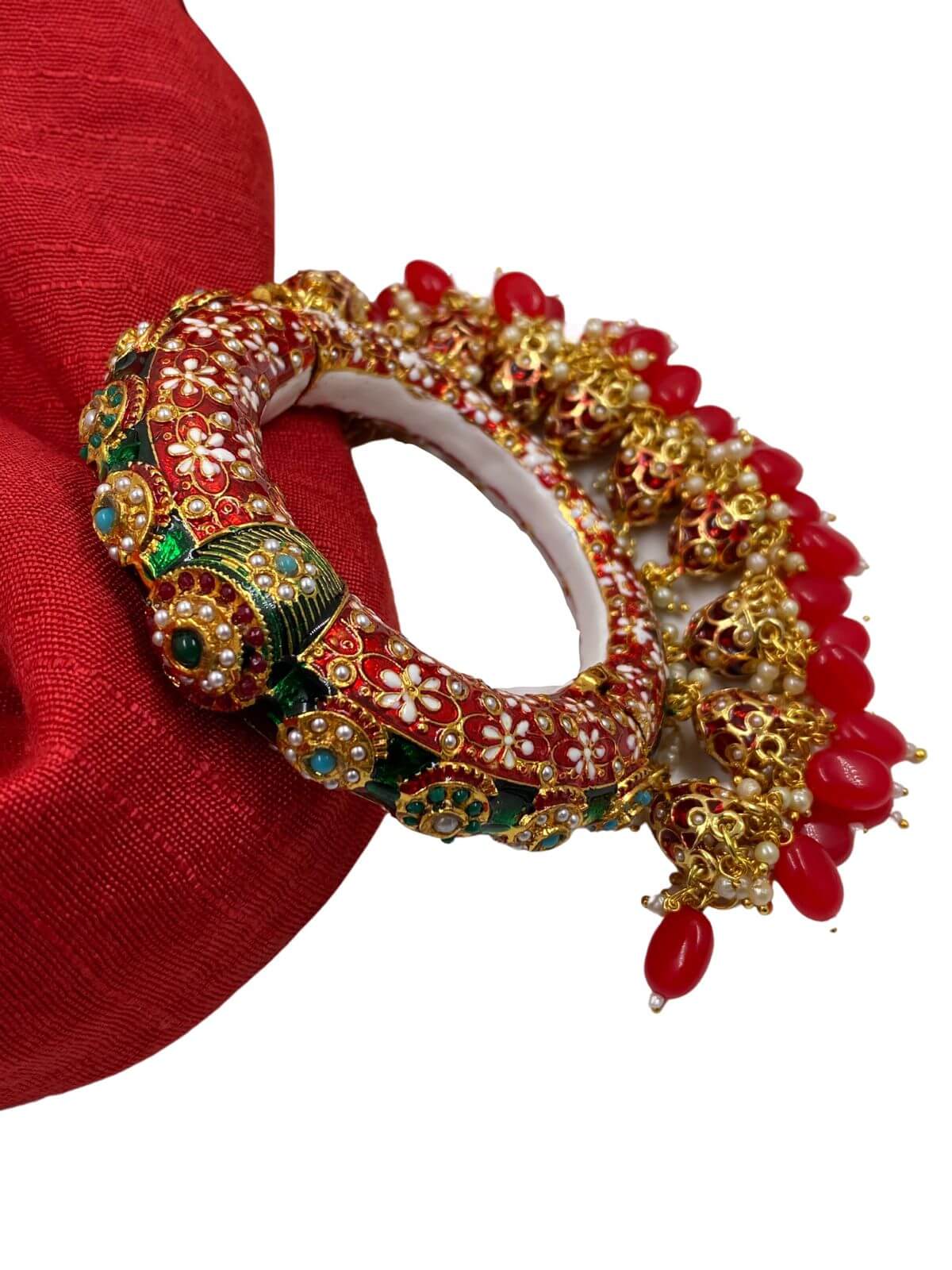 Traditional Rajasthani Meenakari Red Pacheli Kada With Jhuma By Gehna Shop