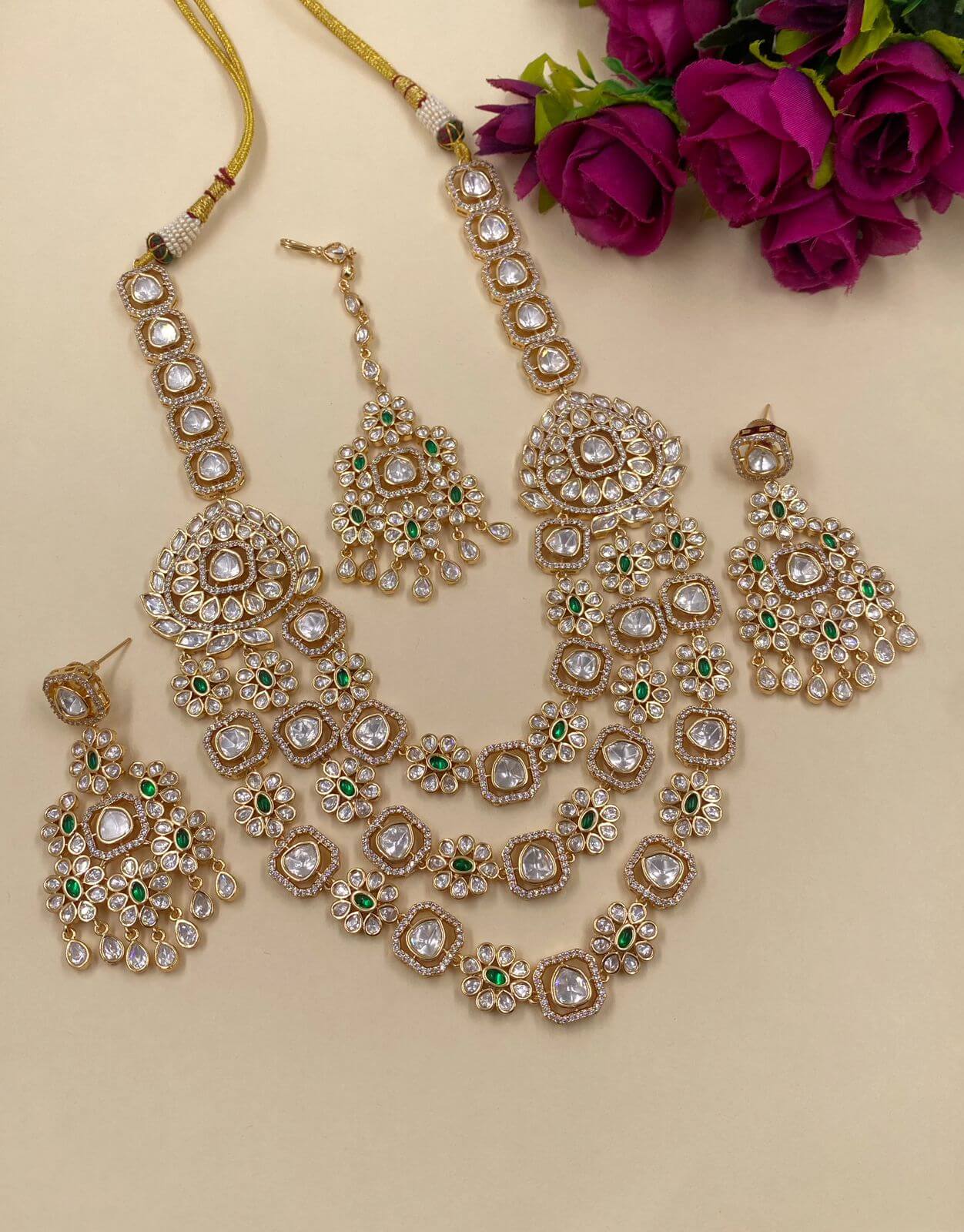 Heavy Quality Layered Bridal Polki Necklace Set for wedding