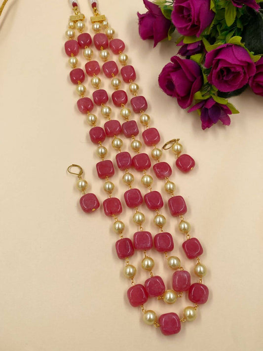 andcrafted Semi Precious double layered Pastel Pink Jade Beads Necklace