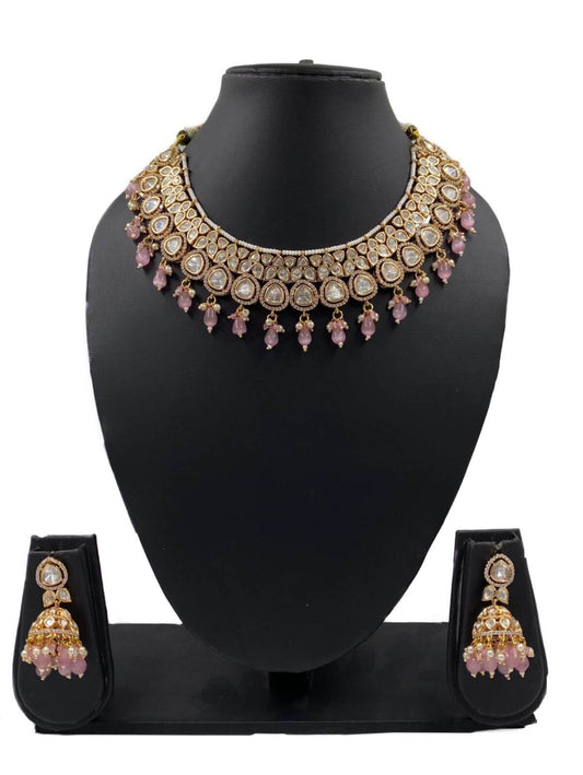 Malvika Designer Bridal Polki Necklace Set | Pink Wedding Jewellery