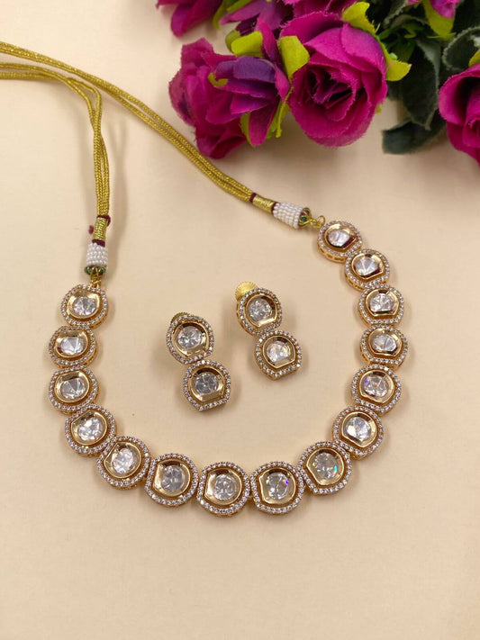 single-line uncut short Polki Necklace Set  for Indian and western wear 