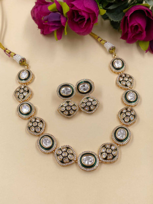 Designer Green Uncut Polki Necklace Set for weddings and parties 