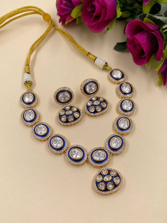 Designer Blue Meenakari Polki Necklace Set | Blue Necklace Set