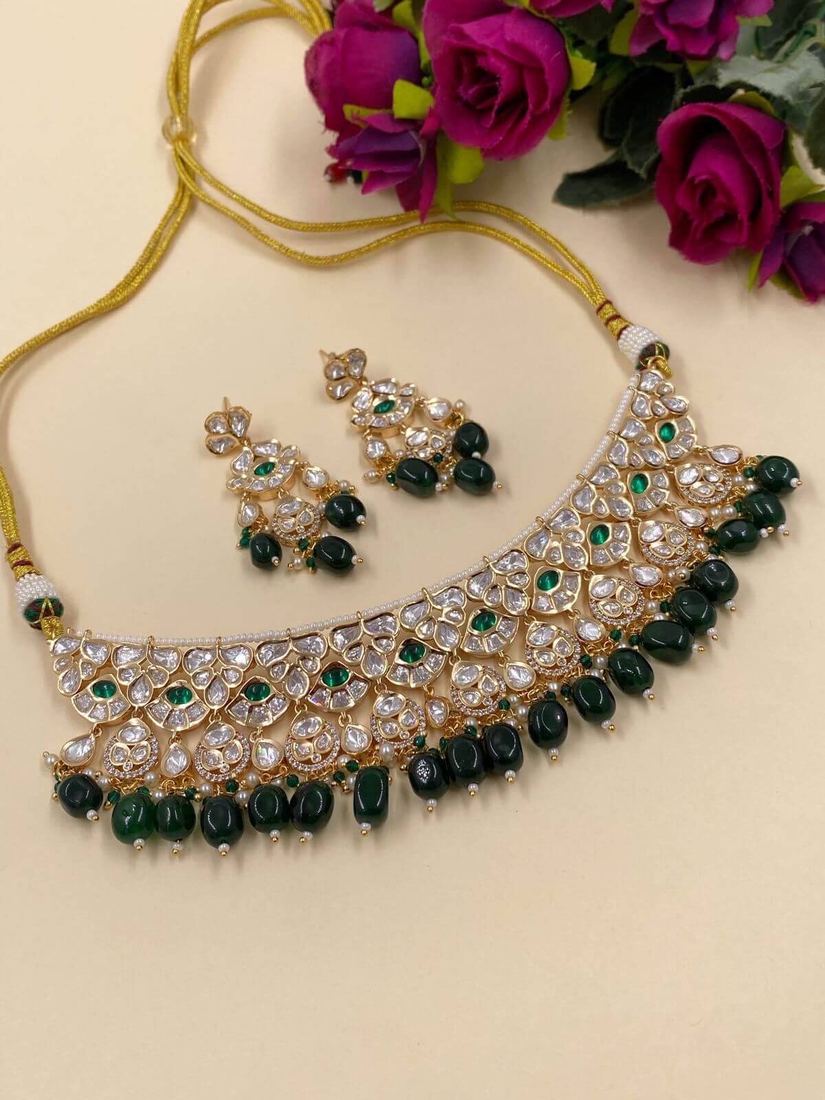  Designer Kundan Polki Green Choker Set For Weddings 